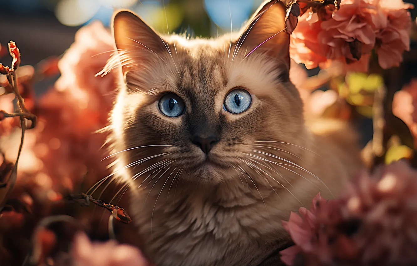 Photo wallpaper cat, summer, cat, look, light, flowers, branches, nature