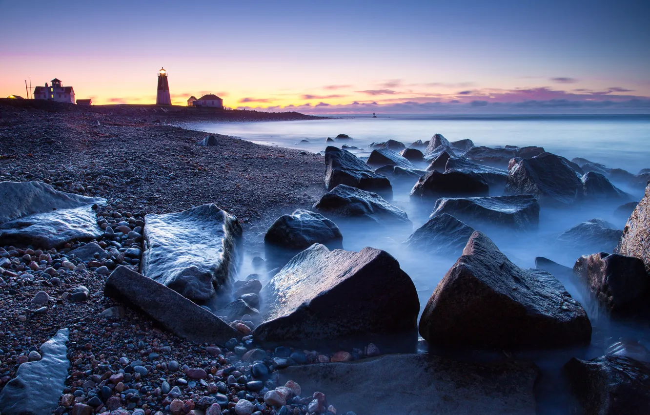 Photo wallpaper sea, the sky, stones, lighthouse, the evening
