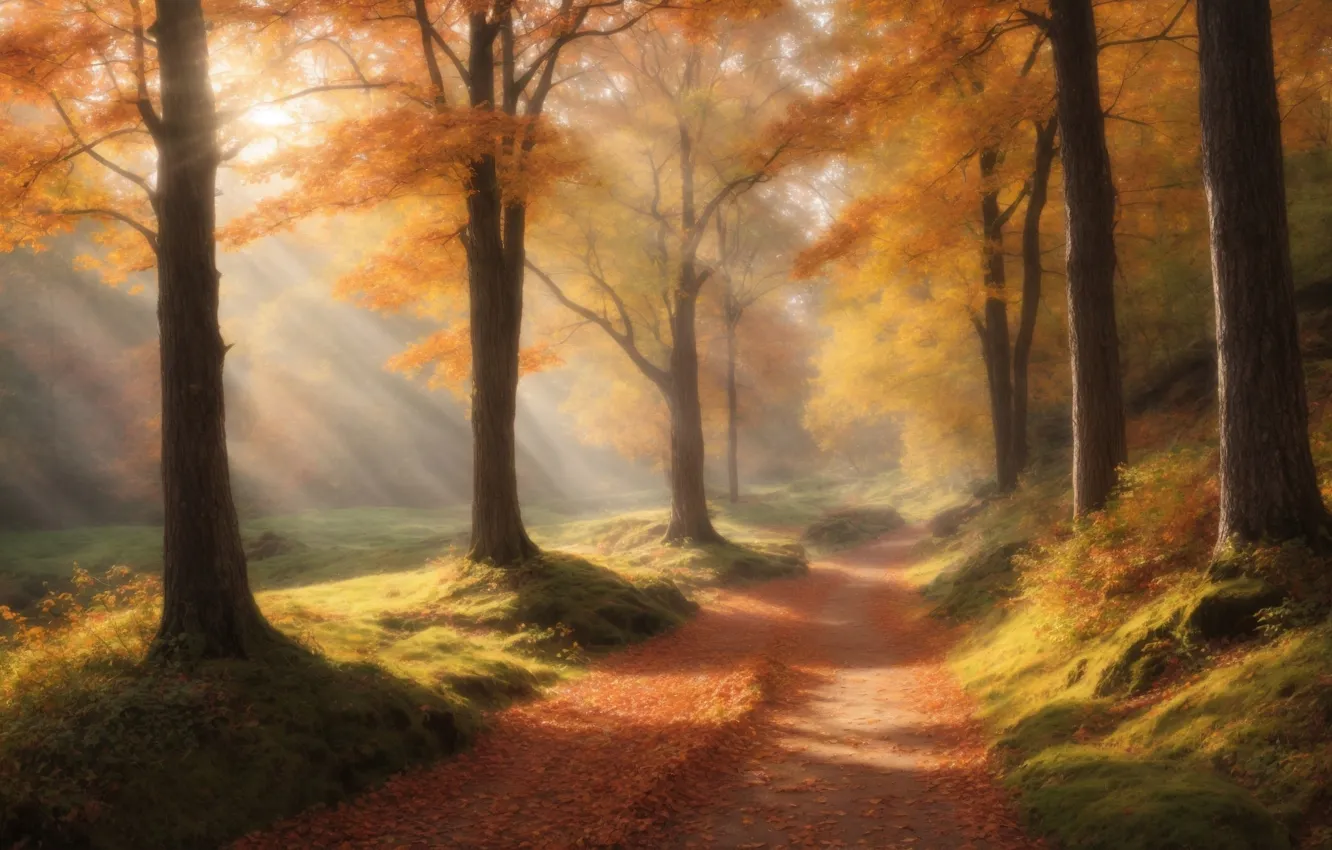 Photo wallpaper forest, road, trees, art, painting
