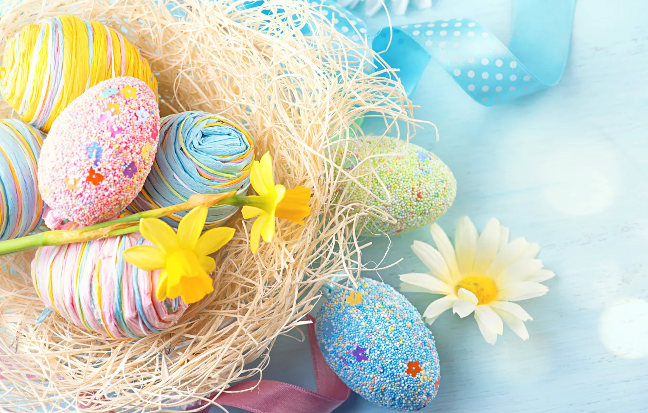 Photo wallpaper flowers, tape, holiday, eggs, Daisy, Easter, socket, daffodils