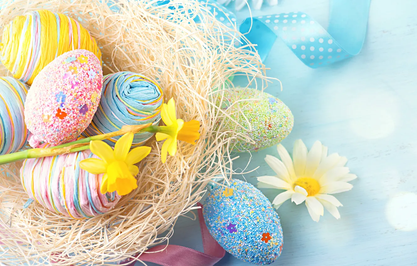 Photo wallpaper flowers, holiday, chamomile, eggs, Easter, socket, tape, daffodils