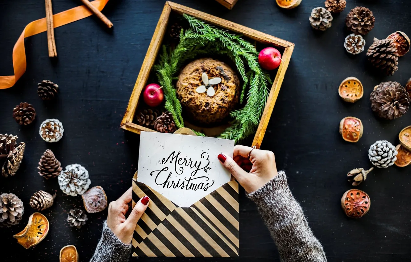 Photo wallpaper the inscription, hands, Christmas, pie, bumps, the envelope