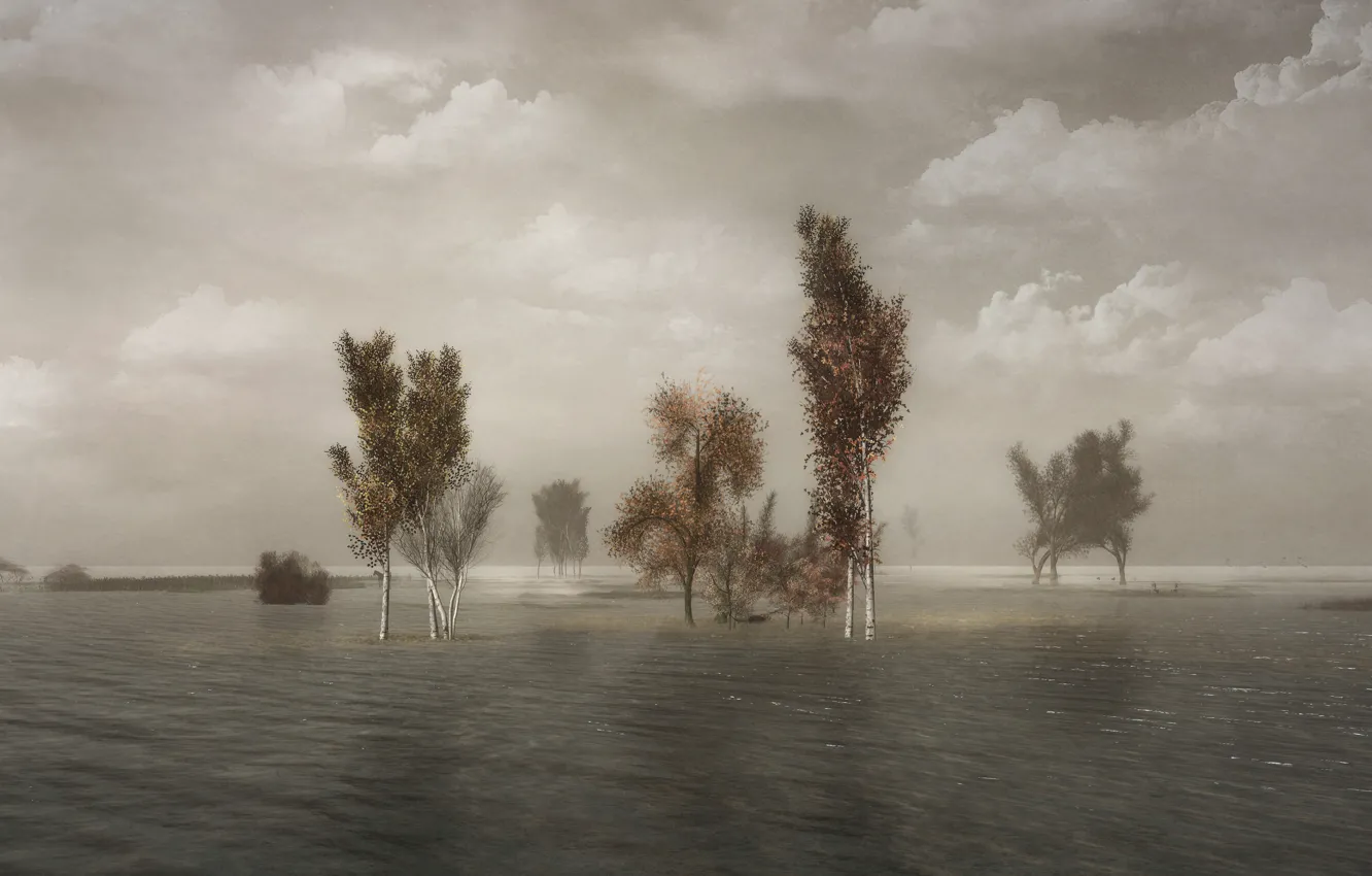 Photo wallpaper clouds, trees, landscape, nature, fog, rendering, overcast, shore