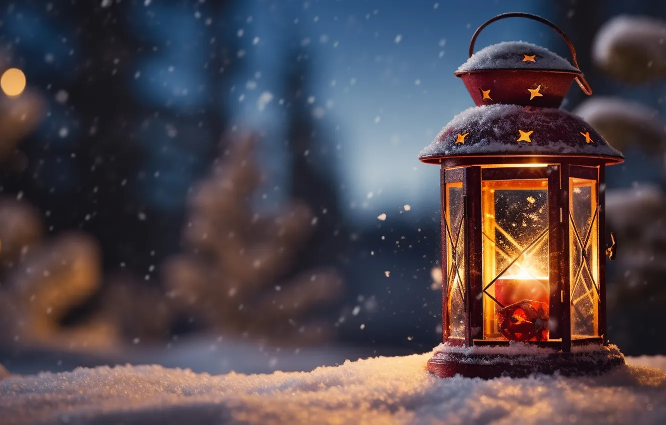 Photo wallpaper winter, snow, night, new year, Christmas, lights, Christmas, night