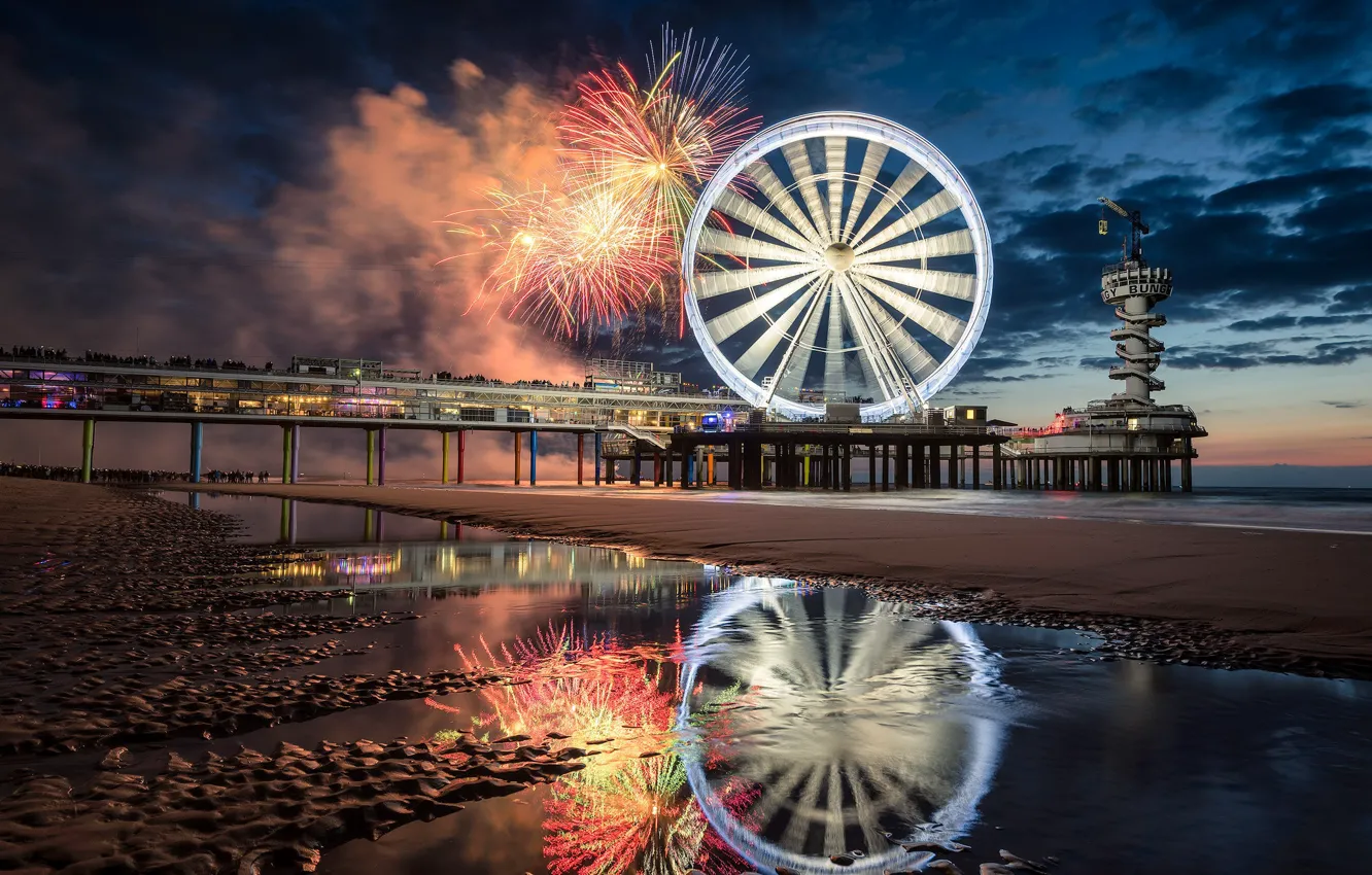 Photo wallpaper night, lights, holiday, tide, Ferris wheel, fireworks, Netherlands, Scheveningen