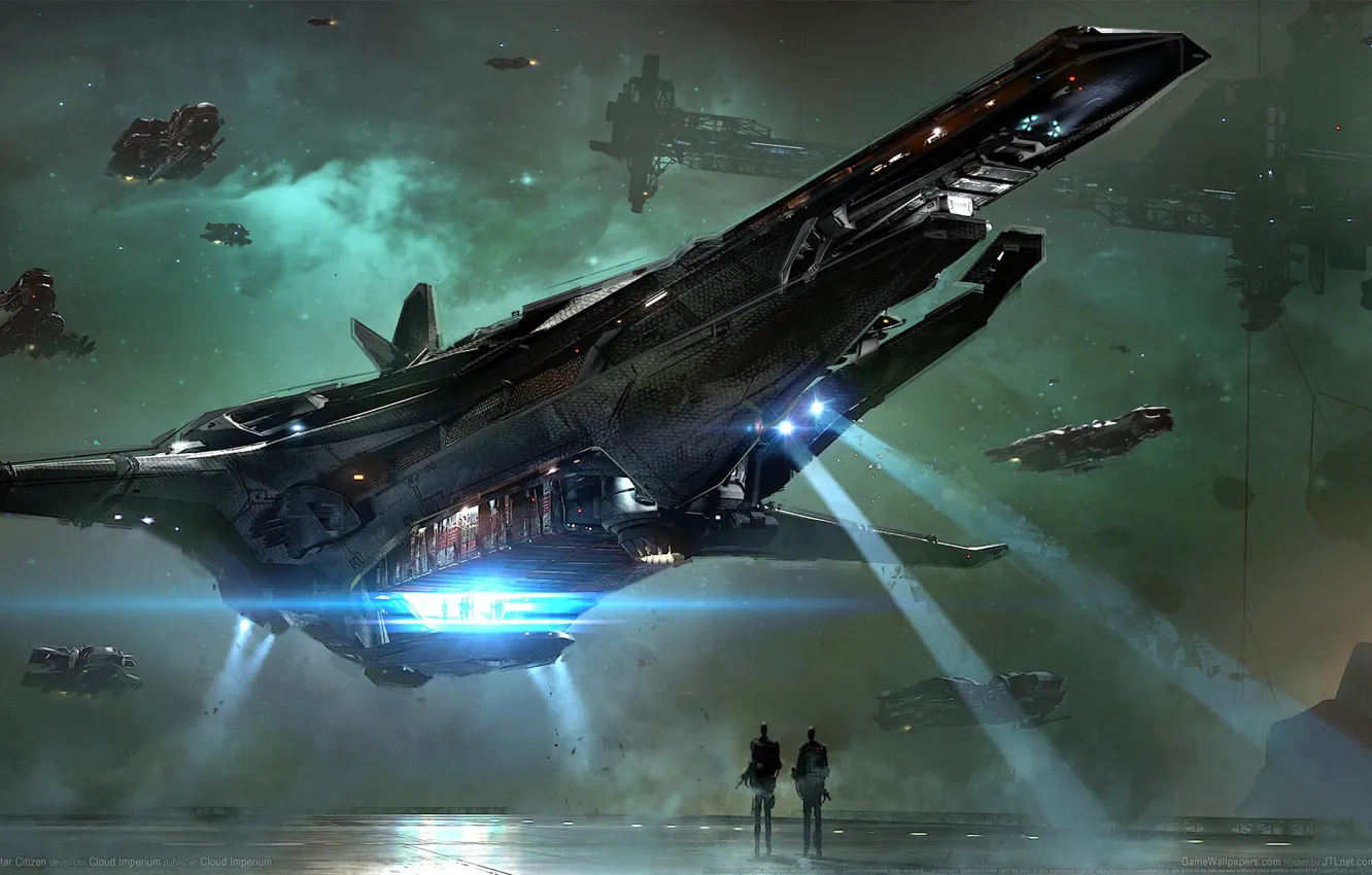 Photo wallpaper the sky, night, the city, fiction, ship, planet, game wallpapers, Star Citizen