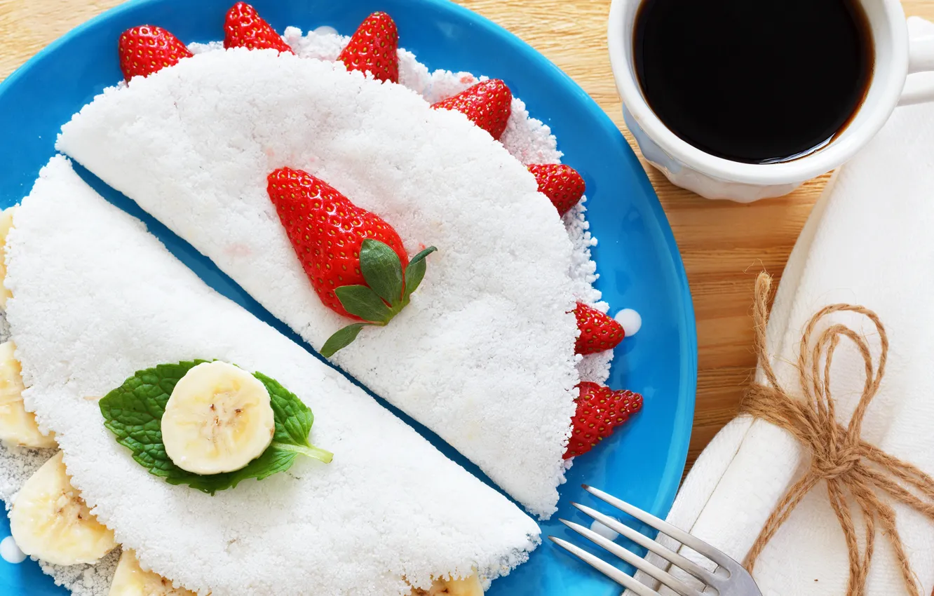 Photo wallpaper coffee, strawberry, bananas, dessert, sweet, sweet, strawberry, coffee