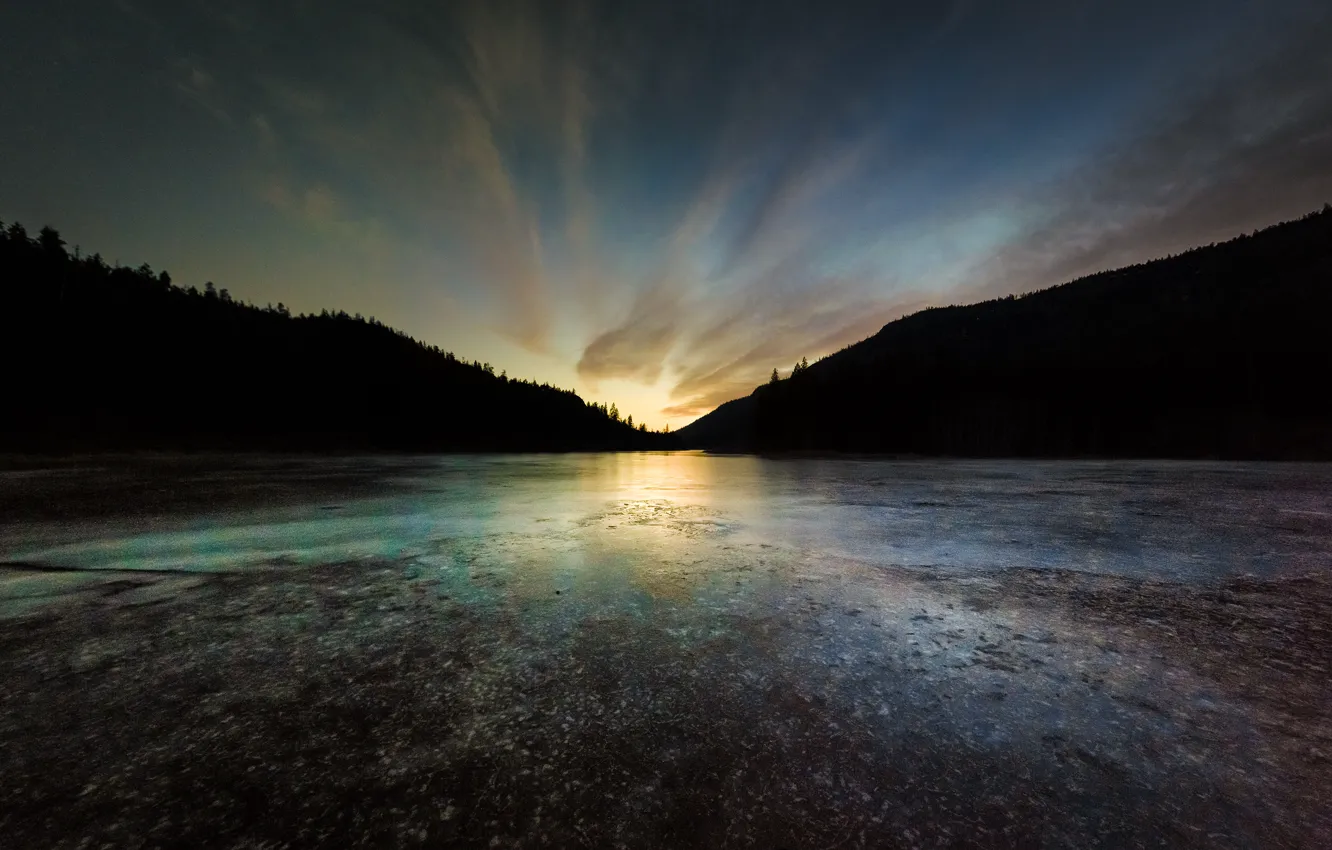 Photo wallpaper sunset, mountains, lake, British Columbia, West Kelowna, the Rose Valley Reservoir