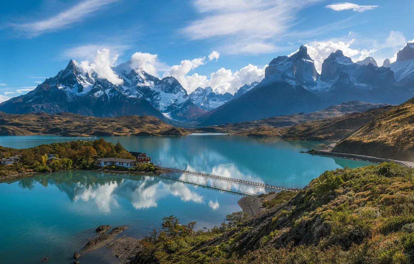 Photo wallpaper lake, island, home, the bridge, Chile, South America, Patagonia, the Andes mountains