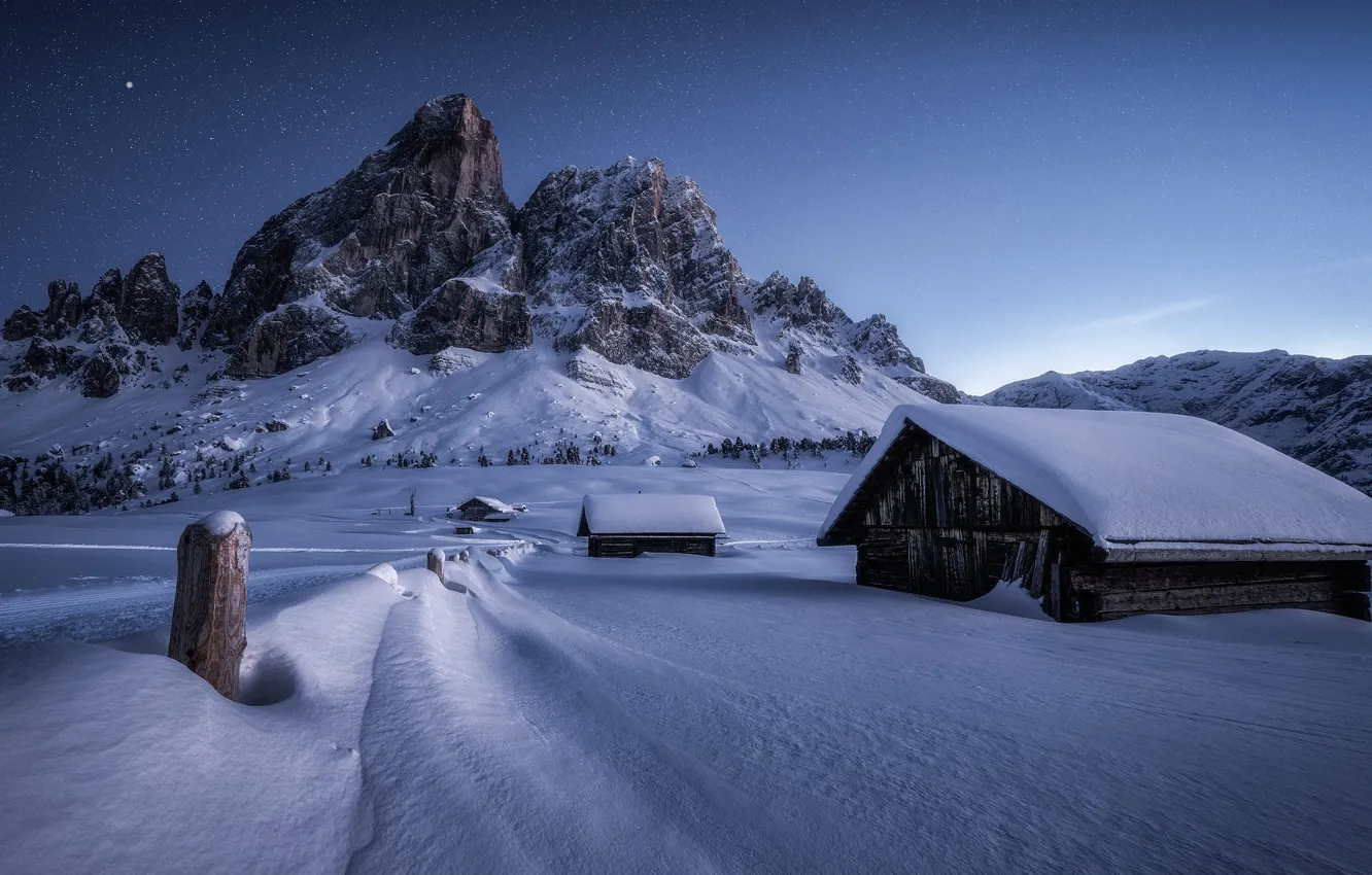Photo wallpaper winter, field, forest, the sky, stars, snow, mountains, night