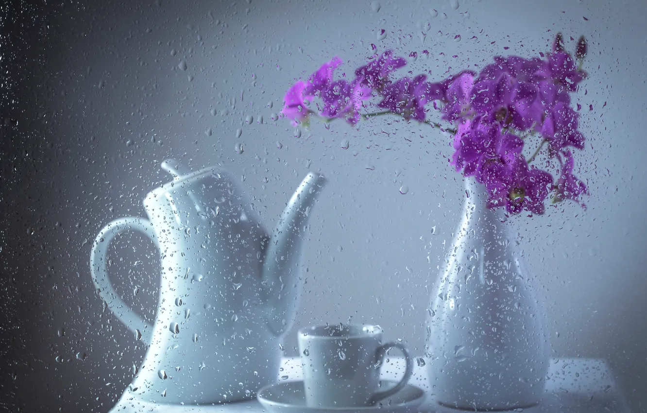 Photo wallpaper drops, bouquet, kettle, Cup, Afternoon tea