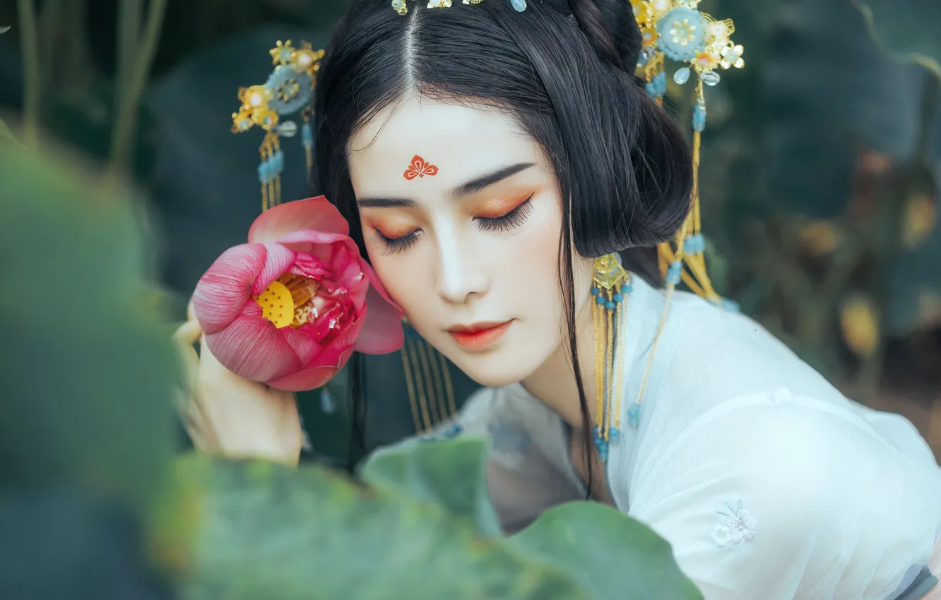 Photo wallpaper flower, leaves, girl, decoration, red, nature, face, pose