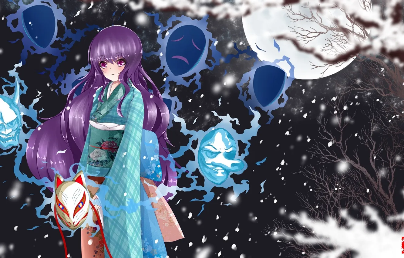 Photo wallpaper girl, trees, magic, mask, the full moon, touhou, art, embarrassment