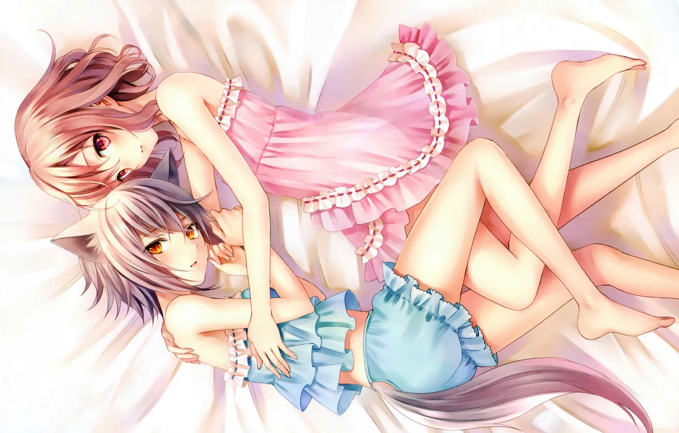 Photo wallpaper look, girl, hugs, tail, bed, ears, art, fukahire sanba