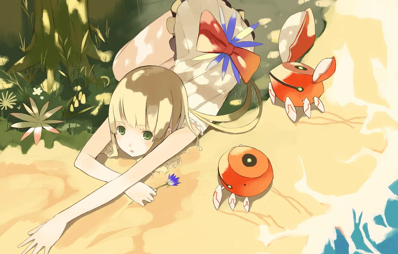 Photo wallpaper wave, beach, trees, crab, robot, blonde, girl, Kawai
