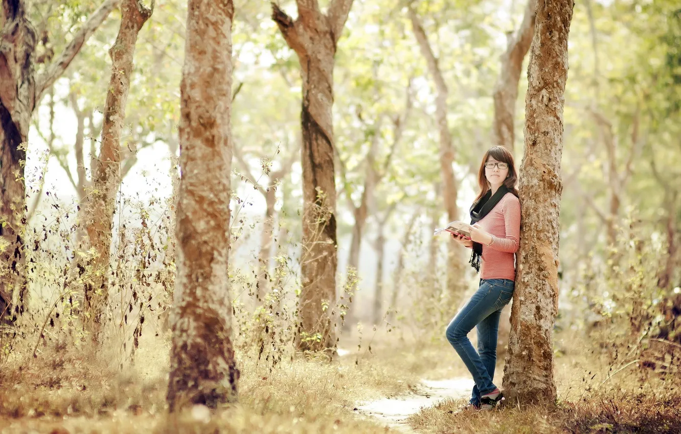 Photo wallpaper forest, girl, book