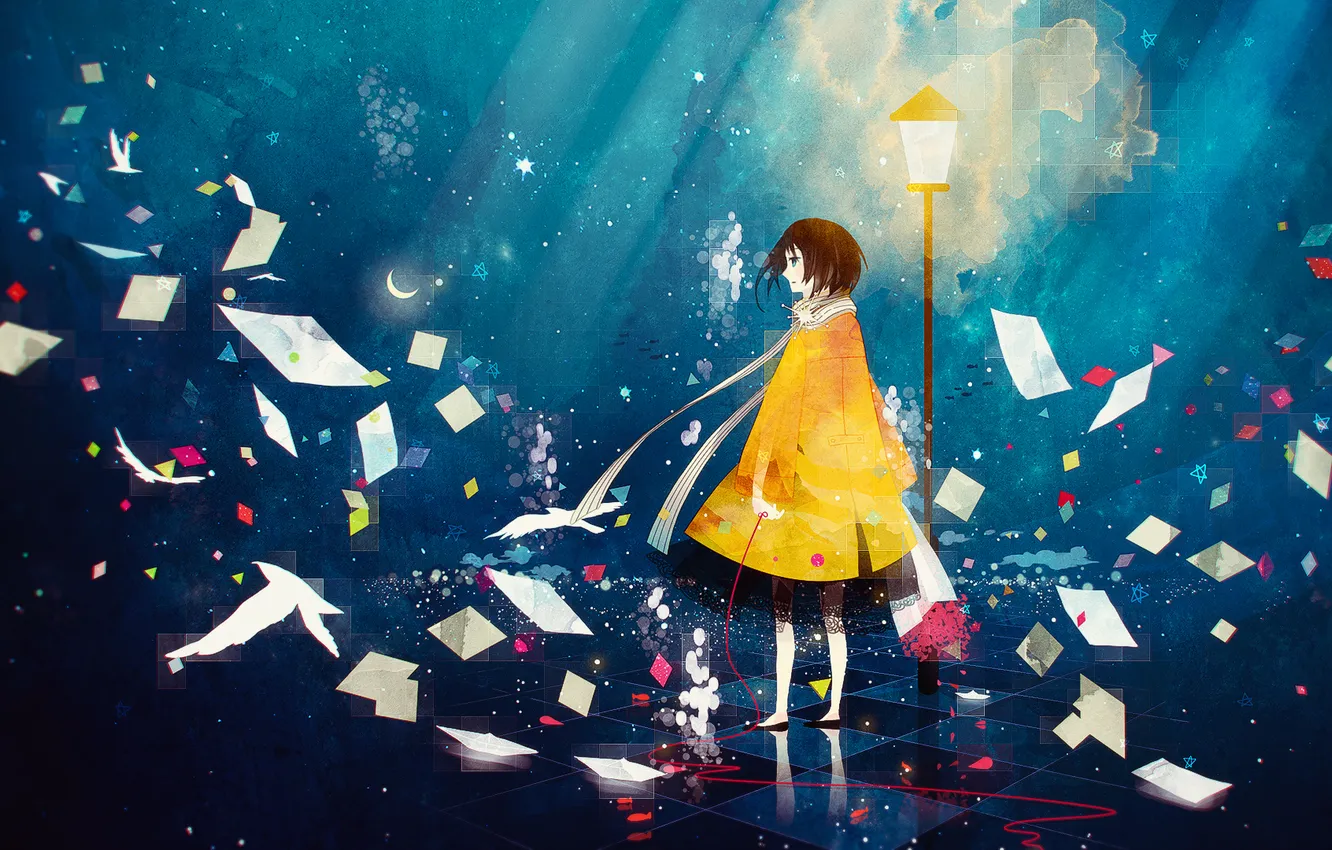 Photo wallpaper girl, stars, paper, the moon, scarf, cloak, red thread, short hair