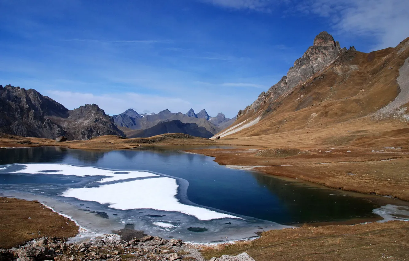 Photo wallpaper snow, landscape, mountains, nature, lake