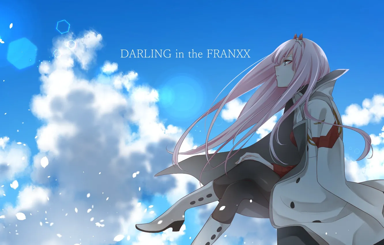 Photo wallpaper girl, The sky, anime, art, Sitting, Darling in the frankxx