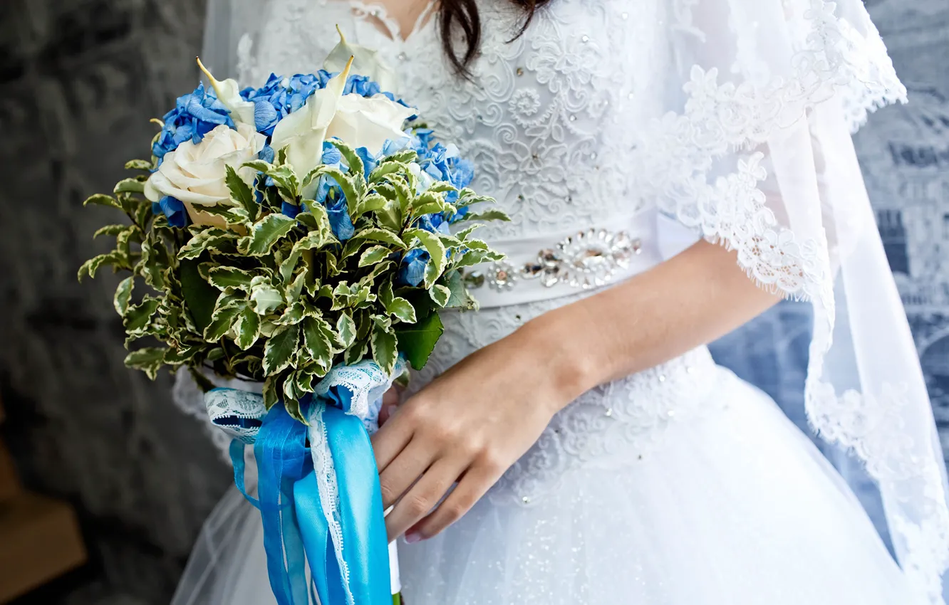 Photo wallpaper girl, bouquet, dress, the bride