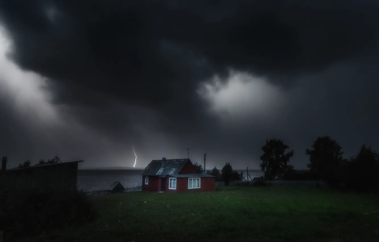 Photo wallpaper the storm, night, clouds, darkness, house, gloomy sky