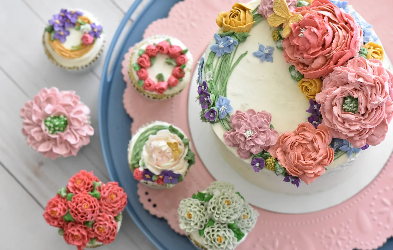 Photo wallpaper flowers, cake, cake, Food, cream, sweet, Dessert
