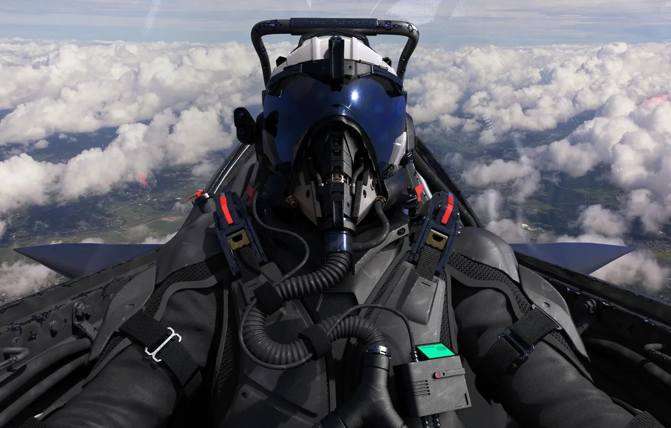 Photo wallpaper clouds, digital art, pearls, CGI, fighter pilot outfit