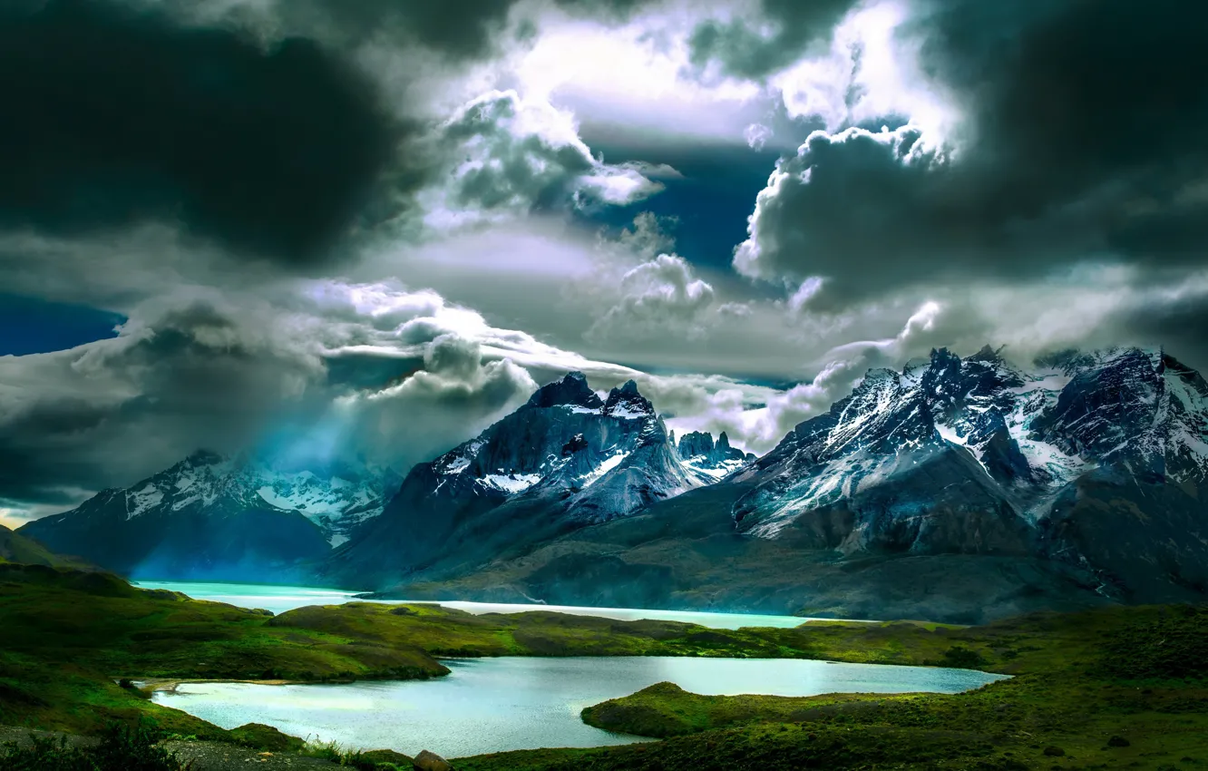 Photo wallpaper rays, mountains, clouds, nature, lake