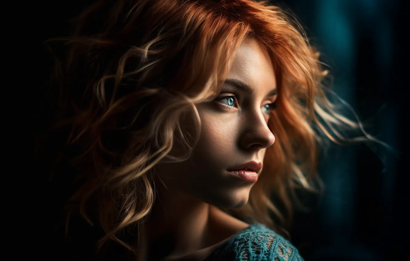 Photo wallpaper look, girl, light, face, the dark background, portrait, twilight, blue eyes