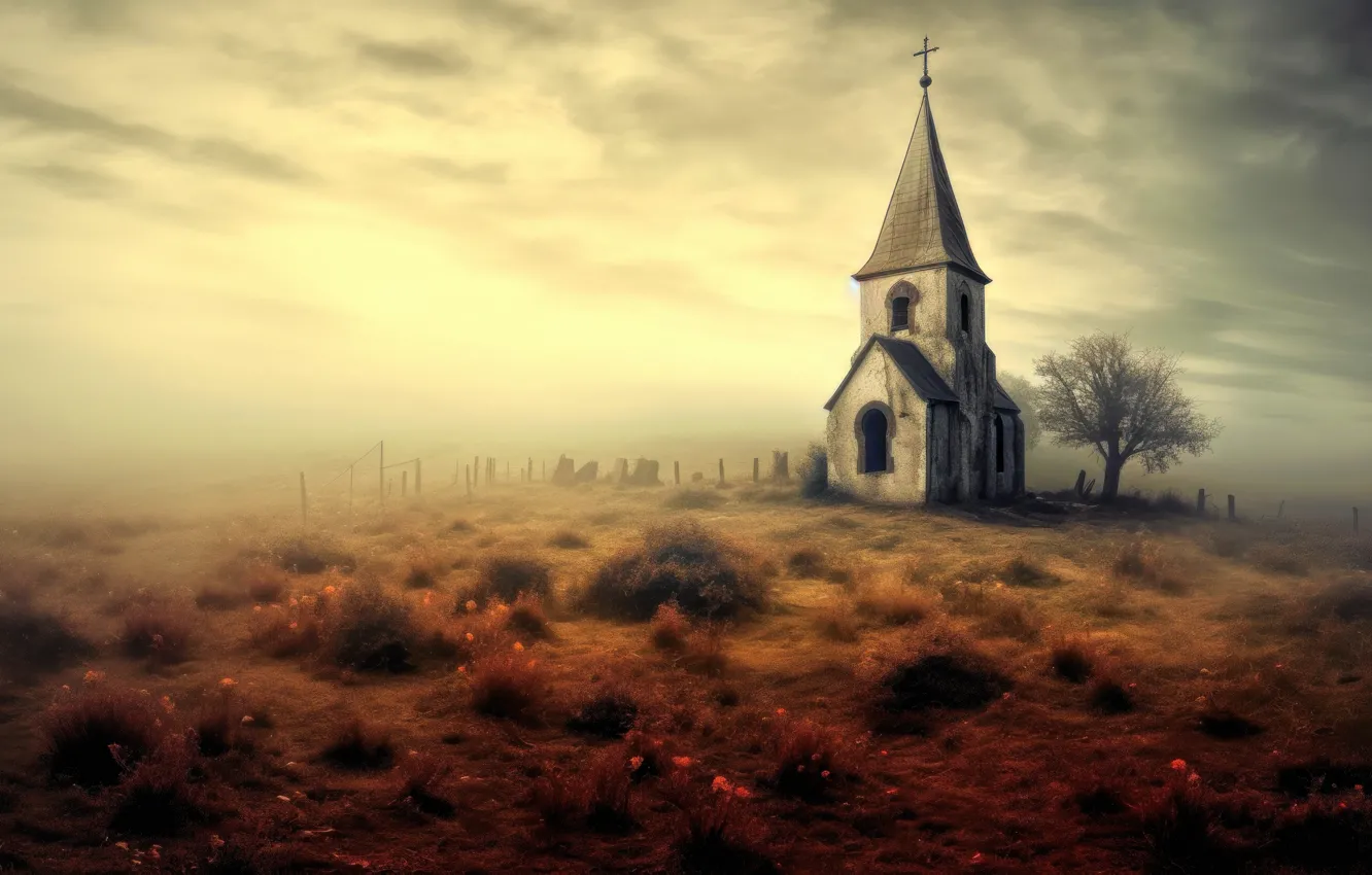 Photo wallpaper field, autumn, grass, clouds, trees, fog, overcast, dawn