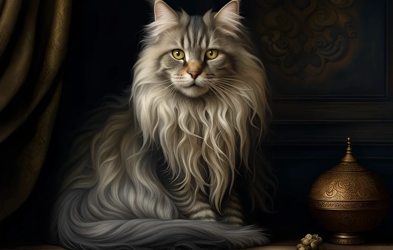 Photo wallpaper cat, cat, look, pose, the dark background, table, grey, wall