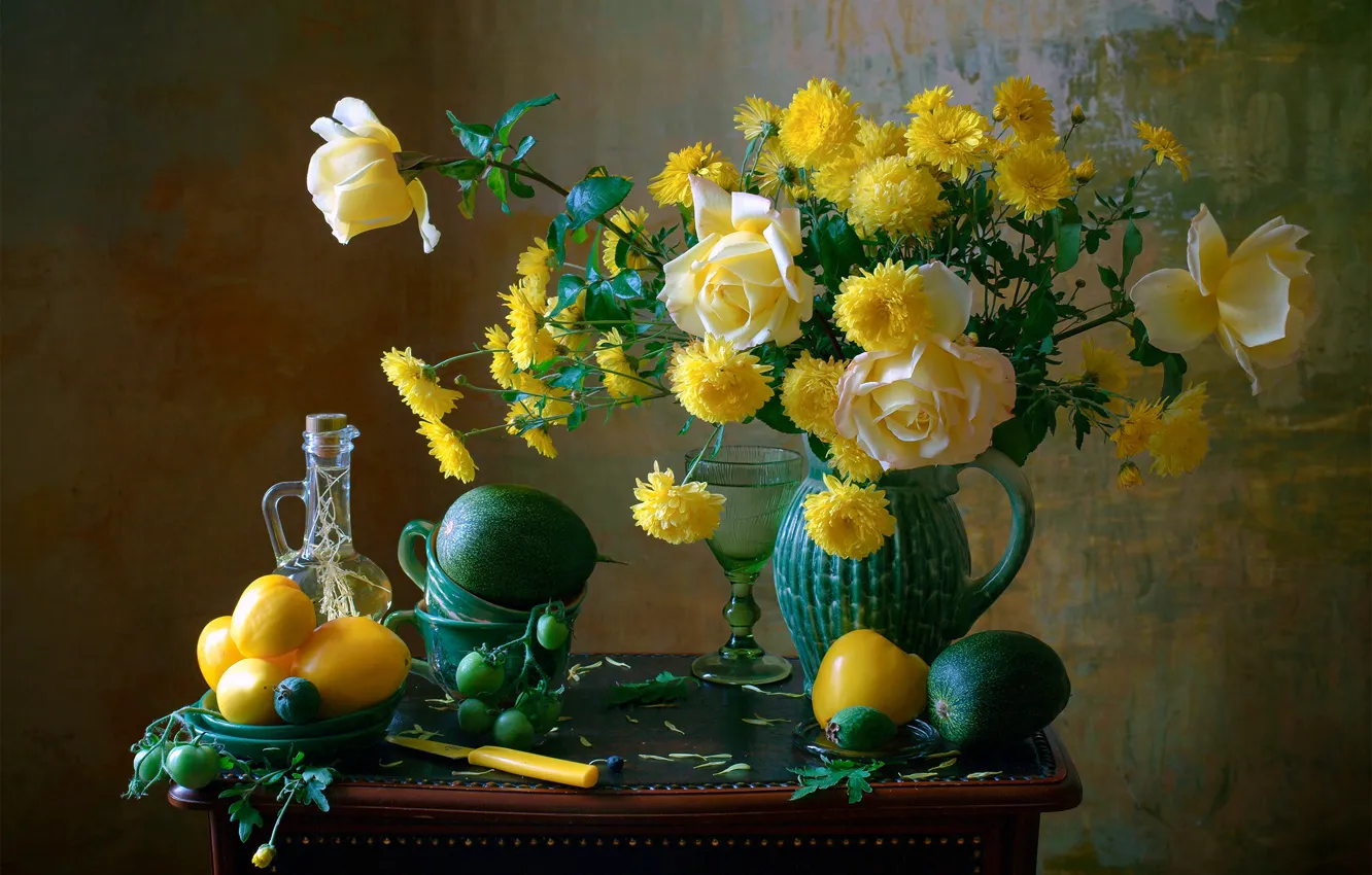 Photo wallpaper flowers, style, roses, still life, vegetables, tomatoes, chrysanthemum, Mila Mironova
