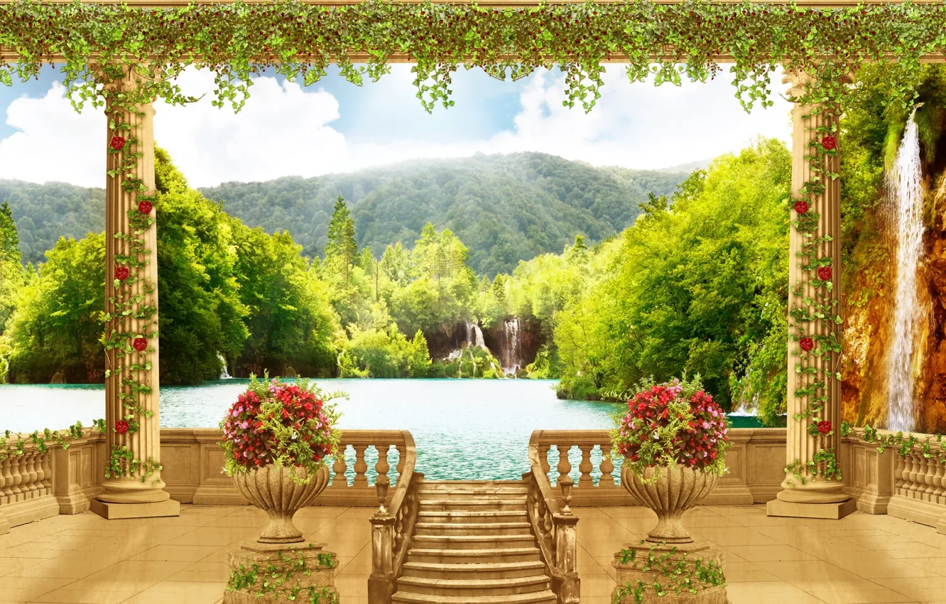 Photo wallpaper sea, flowers, waterfall, columns, terrace, vases