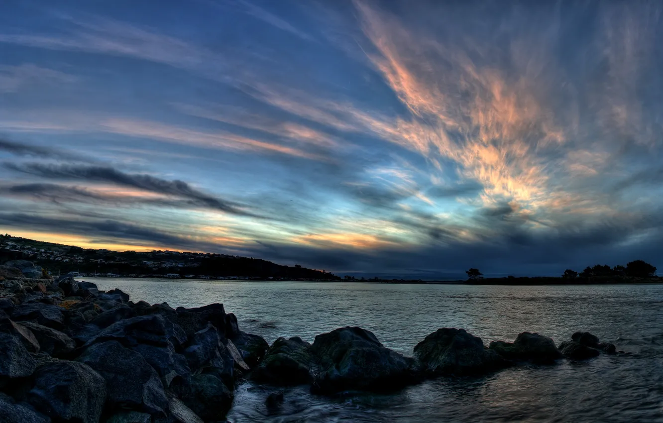 Photo wallpaper sea, wave, the sky, sunset, stones