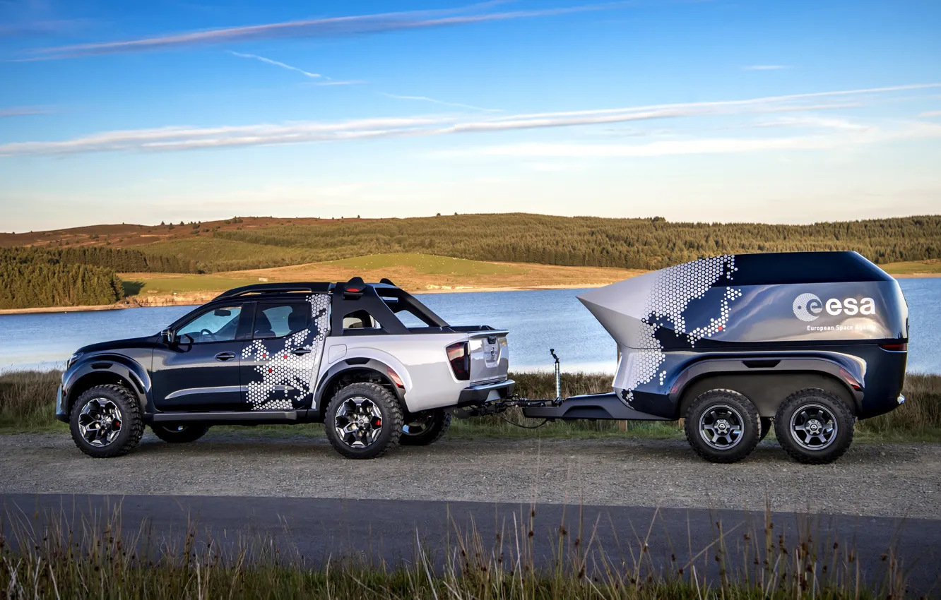 Photo wallpaper shore, Nissan, pickup, the trailer, pond, 2018, Navara, Dark Sky Concept