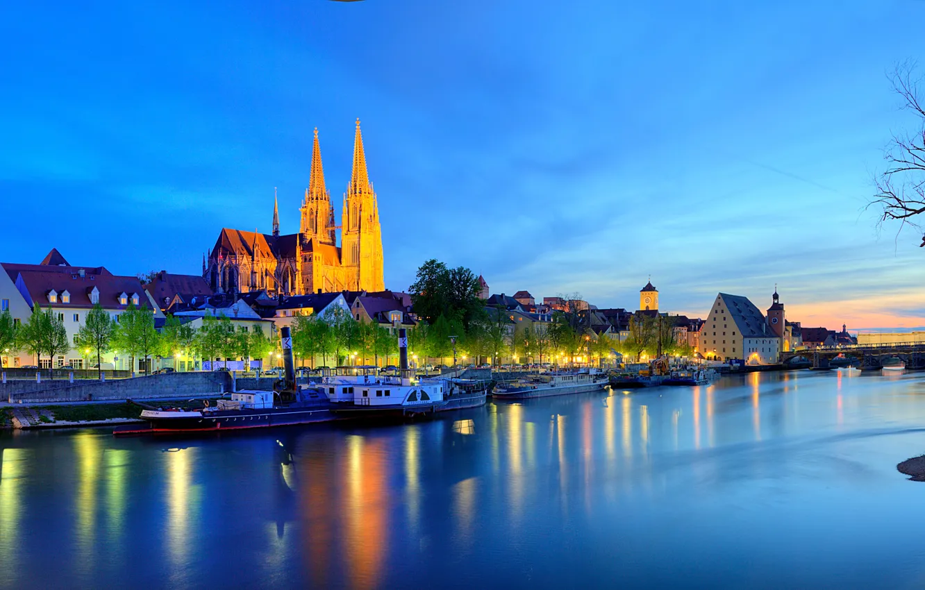 Photo wallpaper night, lights, river, home, Germany, Bayern, Regensburg, The Danube