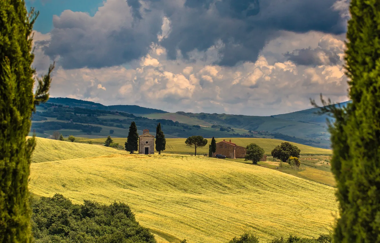 Photo wallpaper field, clouds, trees, Italy, chapel, Italy, cypress, Tuscany