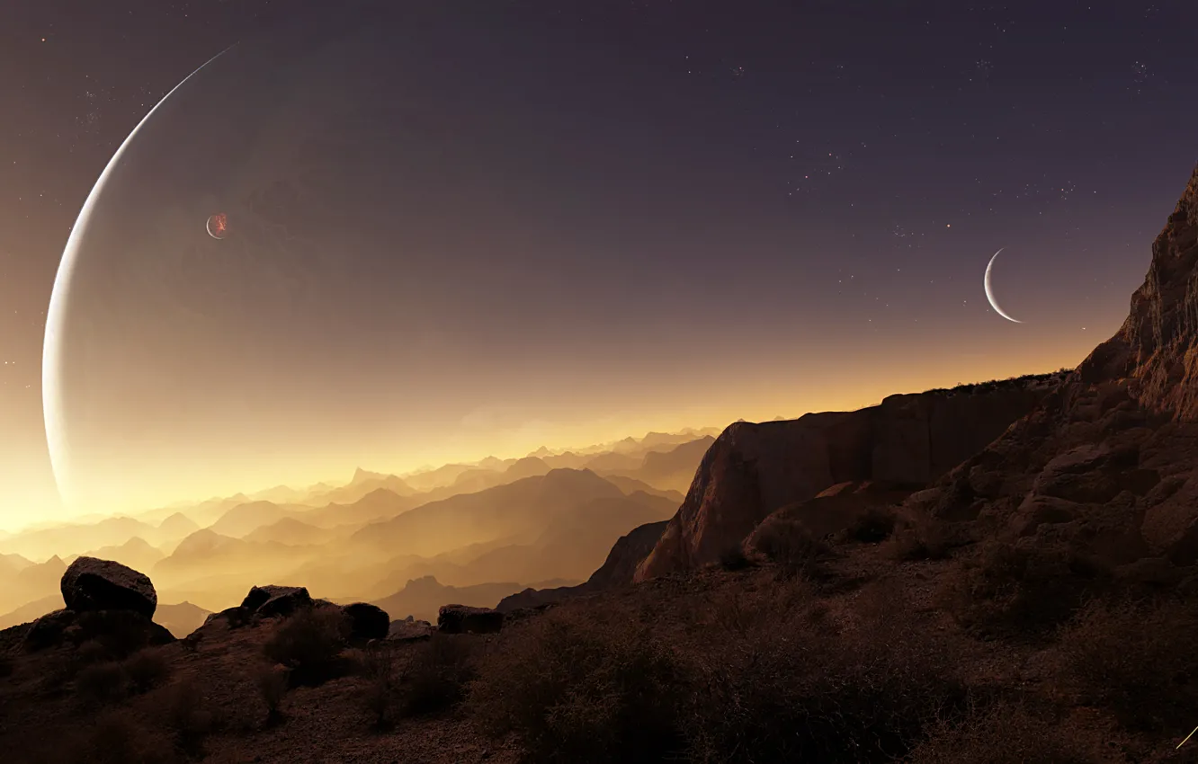 Photo wallpaper stars, rocks, planet, art, terraspace