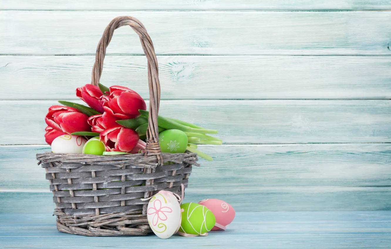 Photo wallpaper flowers, eggs, spring, colorful, Easter, tulips, red, wood