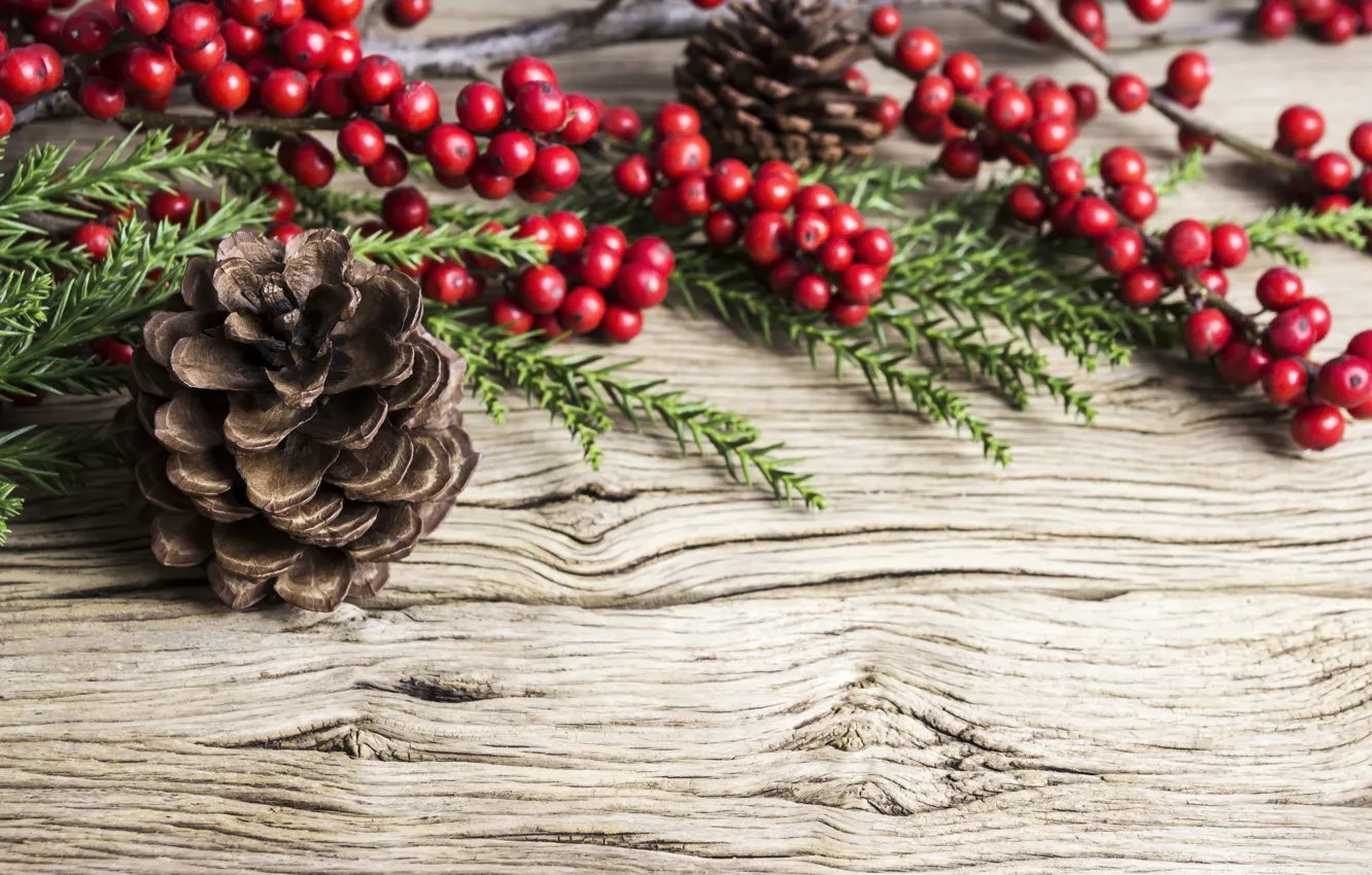 Photo wallpaper decoration, berries, new year, Christmas, Christmas, bumps, wood, New Year