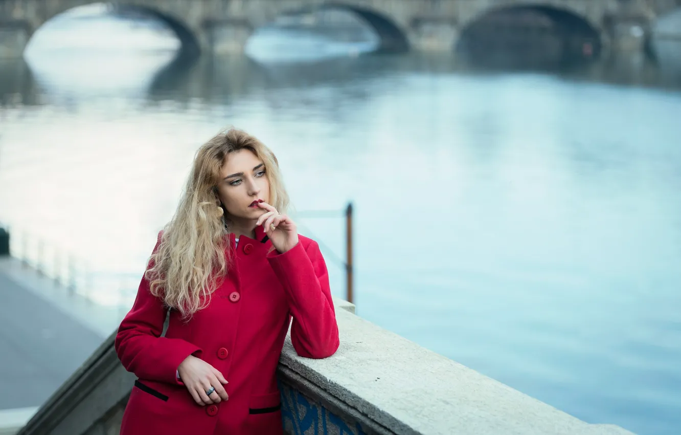 Photo wallpaper face, river, hair, brunette, coat, siren