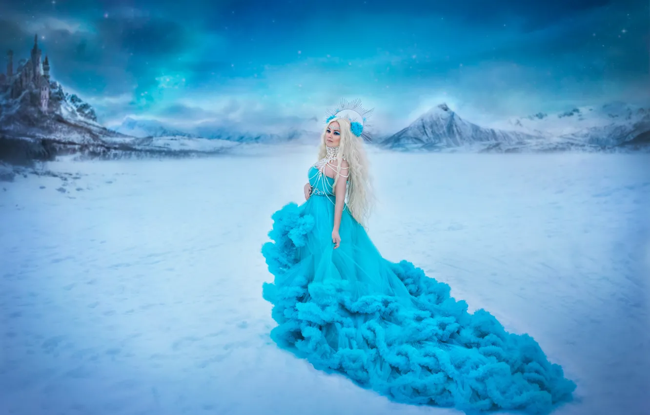 Photo wallpaper winter, field, girl, snow, mountains, blue, woman, frost