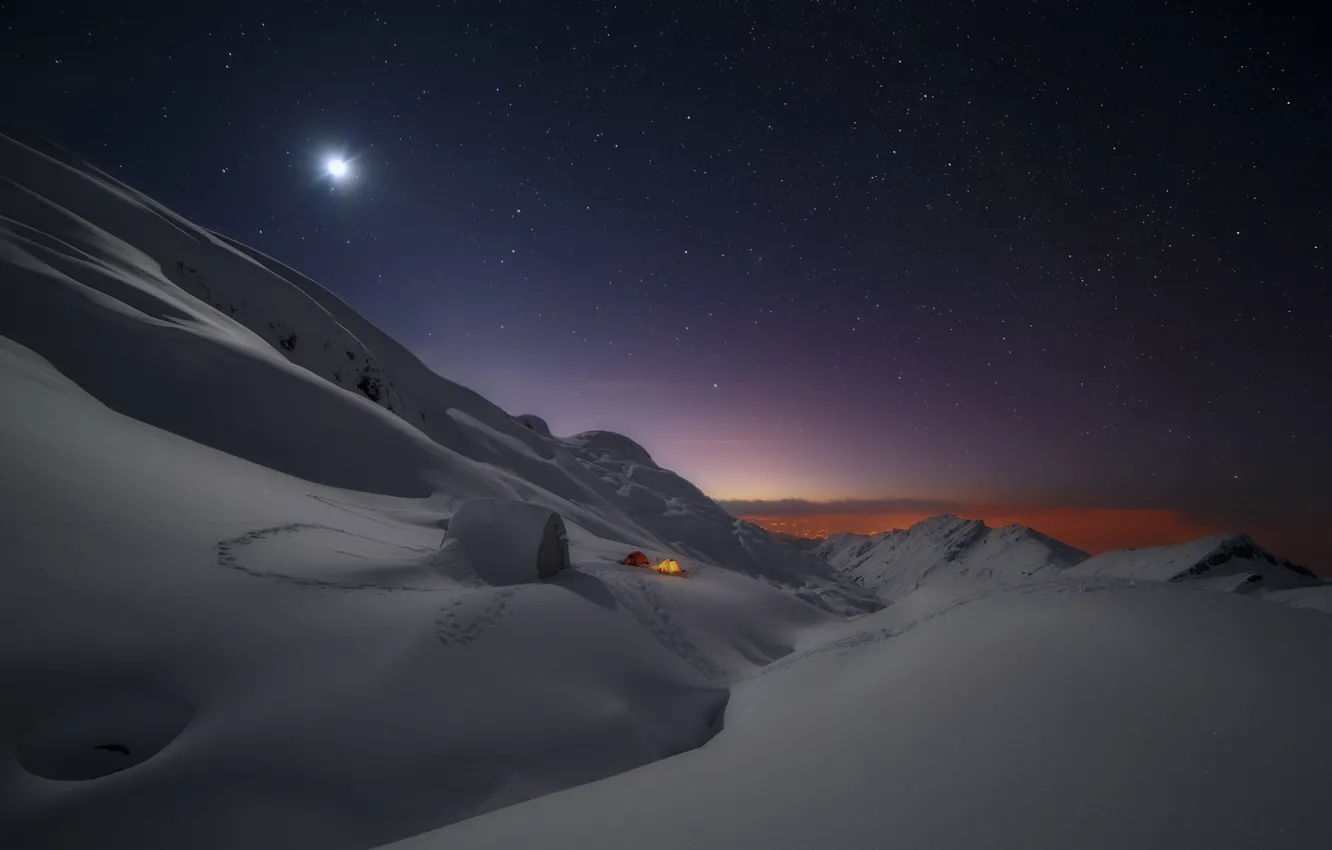 Photo wallpaper winter, the sky, stars, mountains, The moon, tent