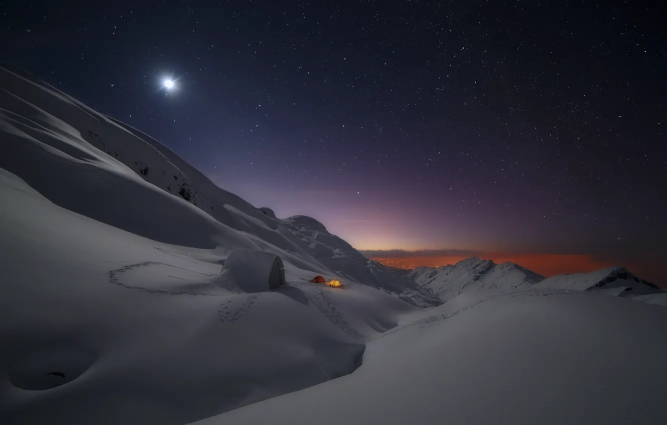 Photo wallpaper winter, the sky, stars, mountains, the moon, tent
