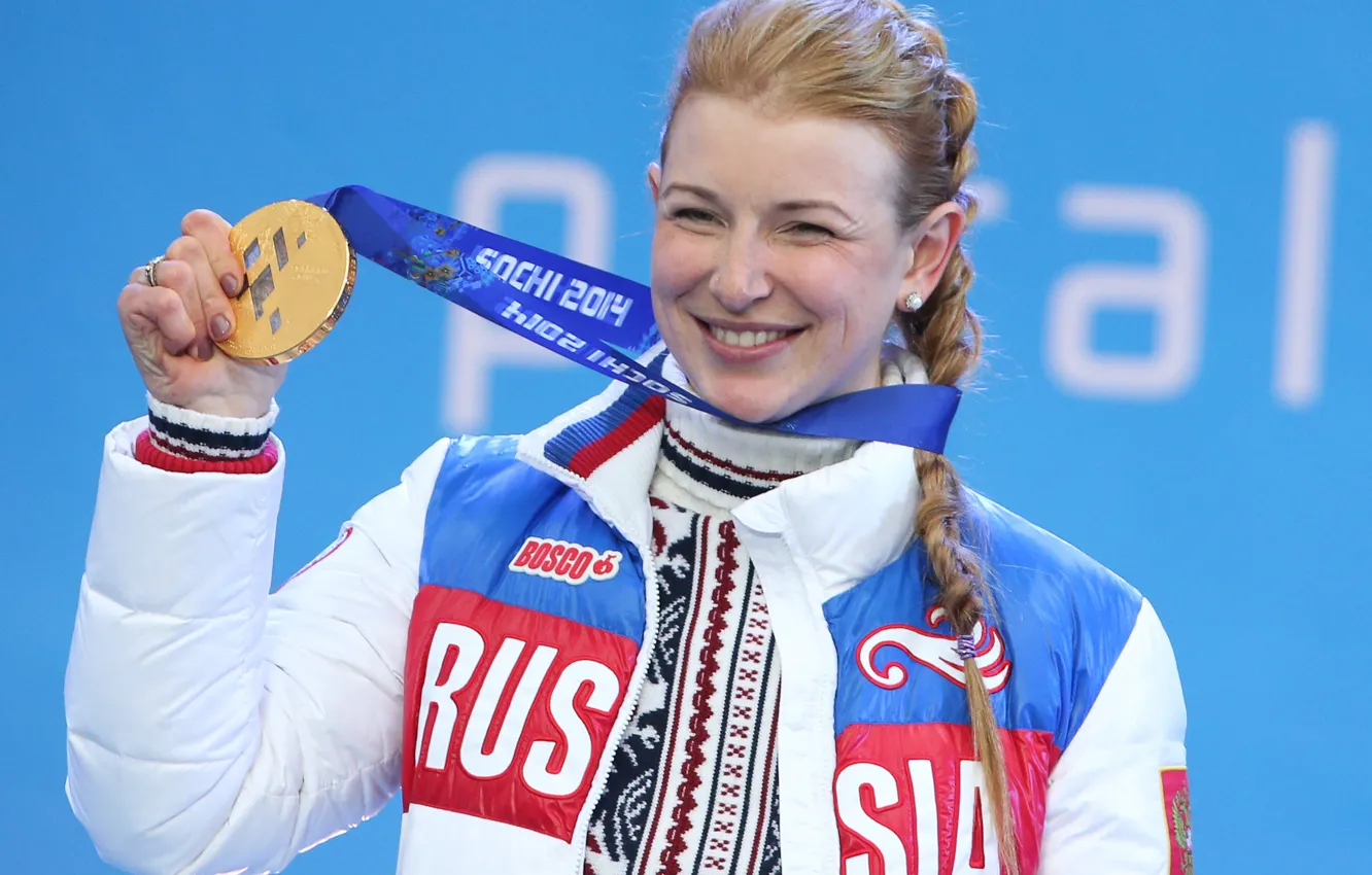 Photo wallpaper joy, smile, victory, medal, braid, Russia, biathlon, RUSSIA