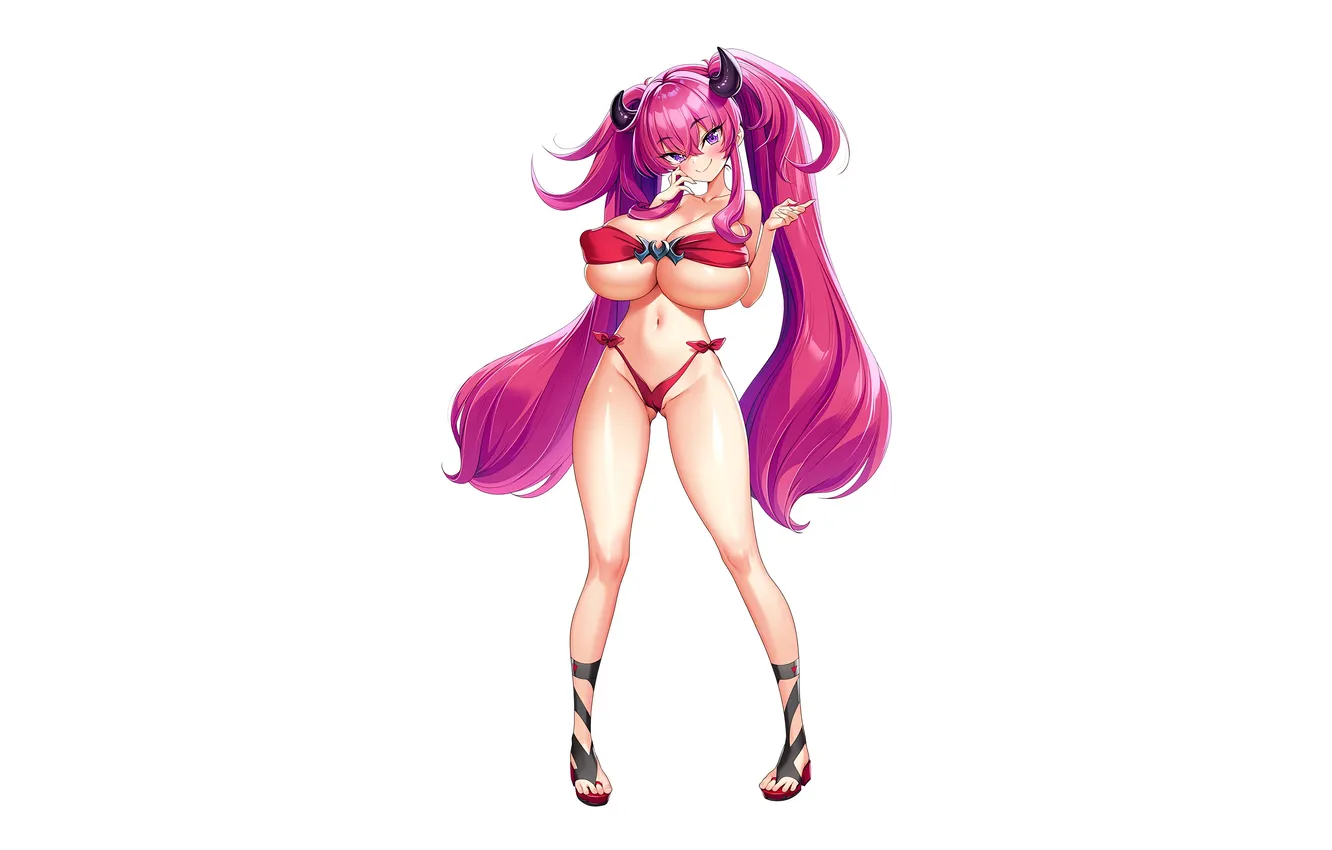 Photo wallpaper girl, sexy, Cameltoe, cleavage, pink hair, horns, long hair, legs