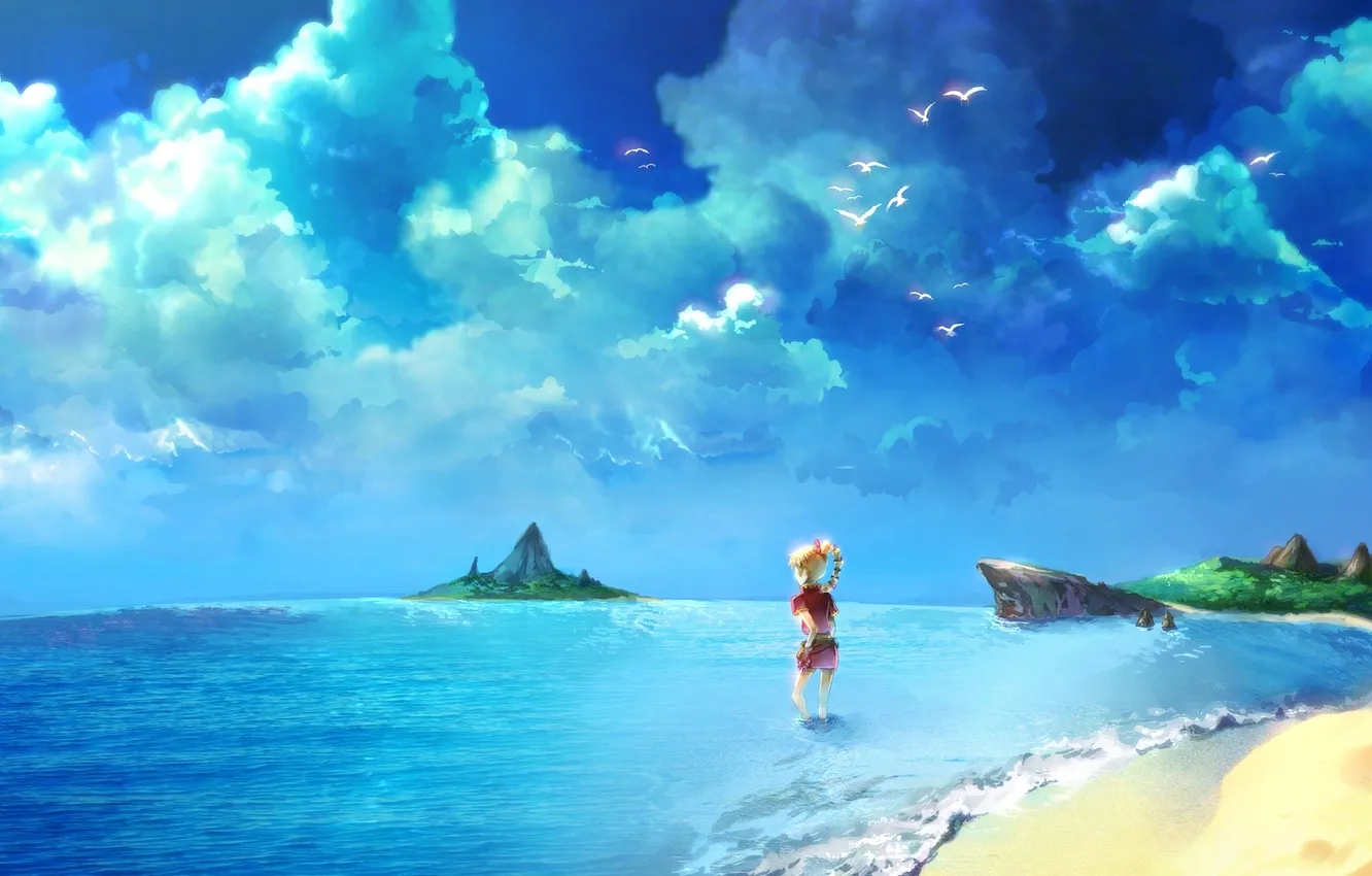 Photo wallpaper sea, the sky, clouds, birds, seagulls, anime, girl, island