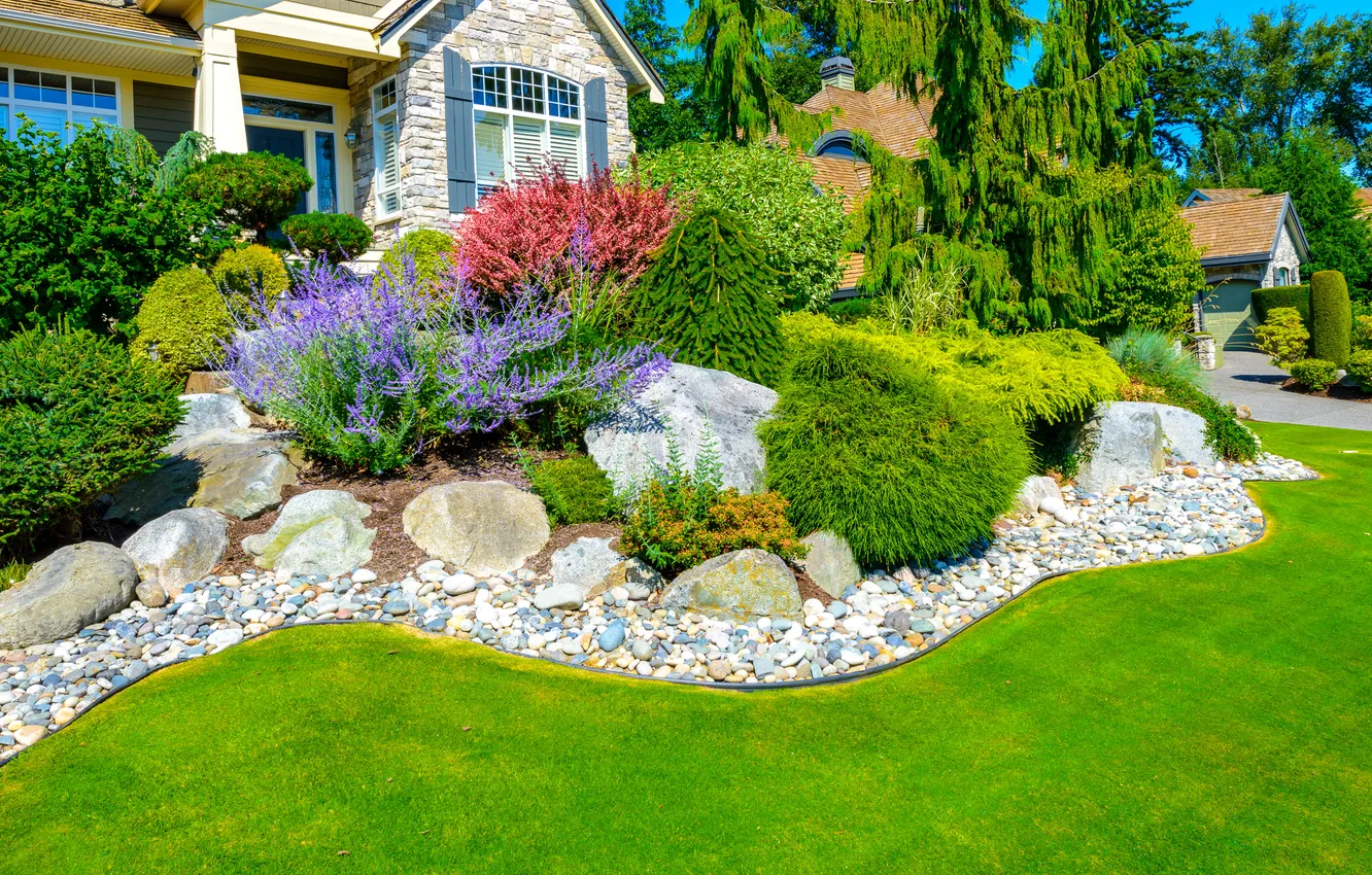 Photo wallpaper greens, grass, stones, lawn, home, Sunny, mansion, the bushes