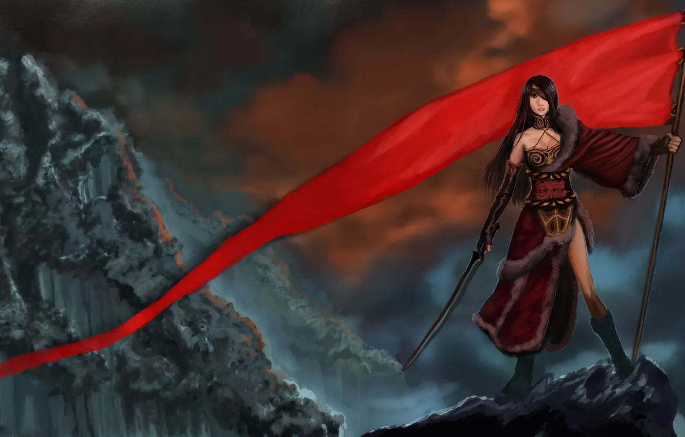 Photo wallpaper the sky, girl, weapons, fiction, rocks, sword, art, red flag