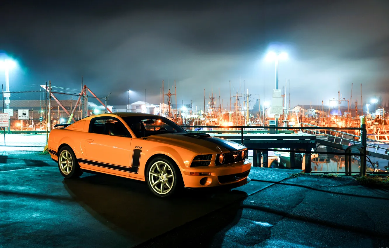 Photo wallpaper night, lights, yellow, Mustang, Ford, Ford, Mustang, side view